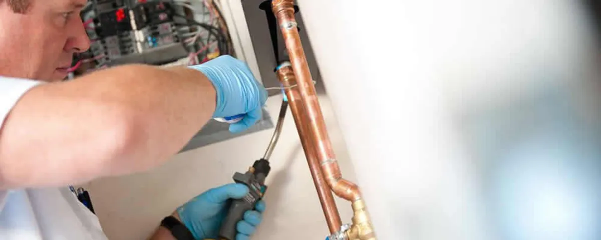 Water heater repair technician testing copper pipe connections and controls in Tacoma, WA